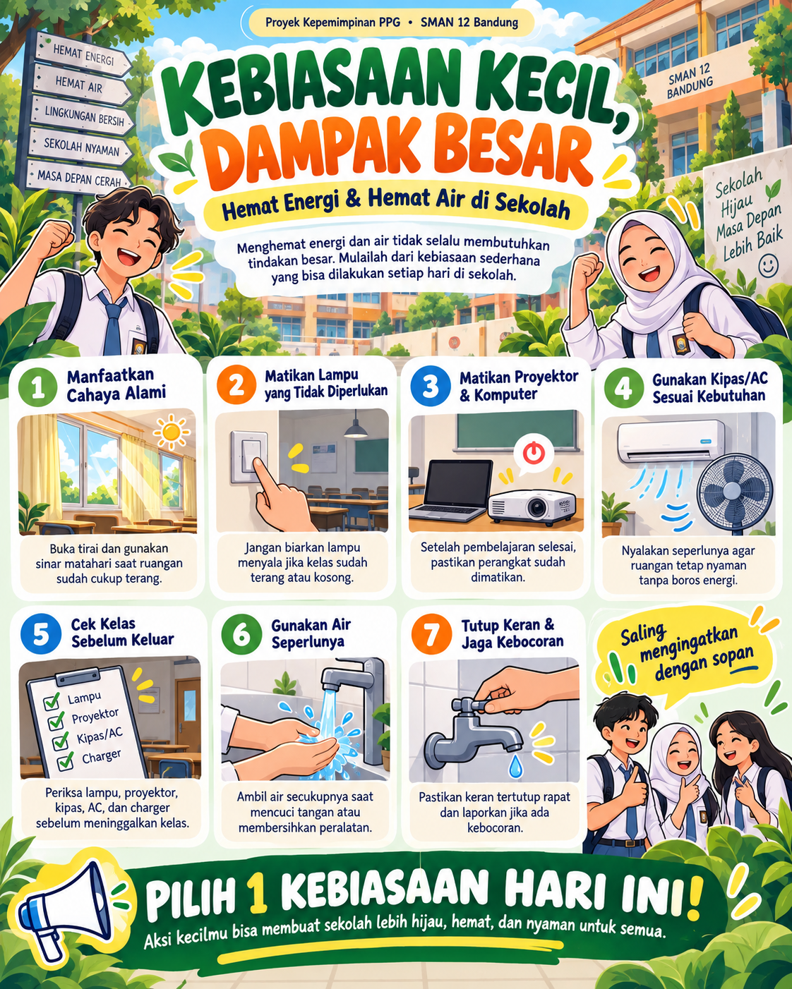 Infografis tips hemat energi dan air di sekolah